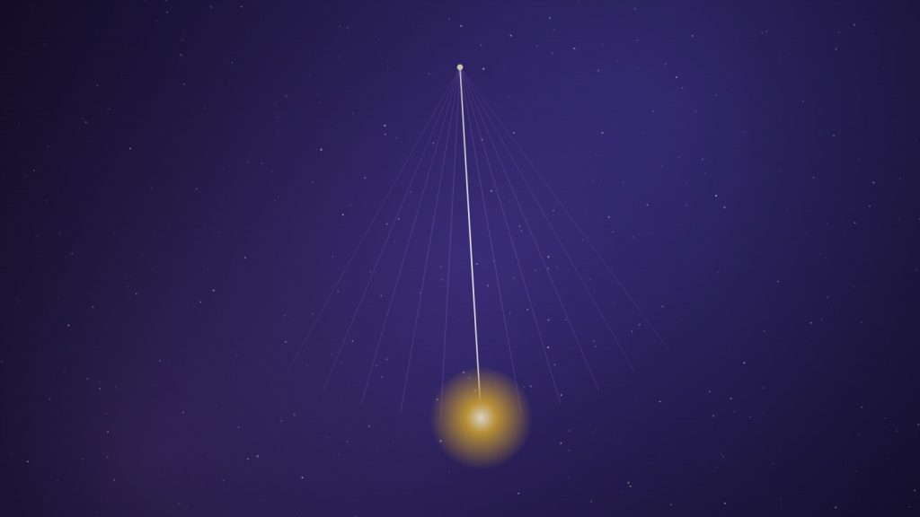 A glowing dowsing pendulum swinging on a chain with motion trails of light against a deep indigo background