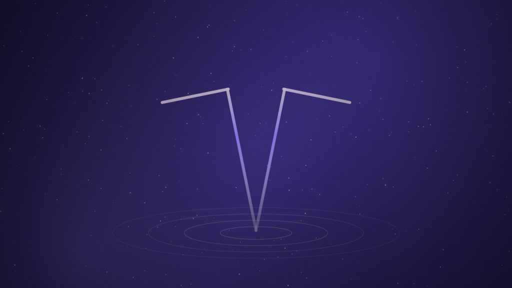 Two violet-lit dowsing rods standing above concentric circles on a deep indigo background, representing homemade rods