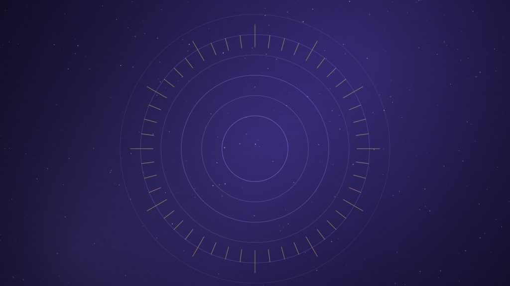 Glowing concentric rings with gold compass ticks on deep indigo, representing paranormal investigation