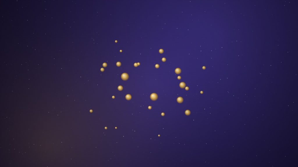 Scattered glowing gold nuggets on a dark indigo field, representing dowsing for gold and buried treasure