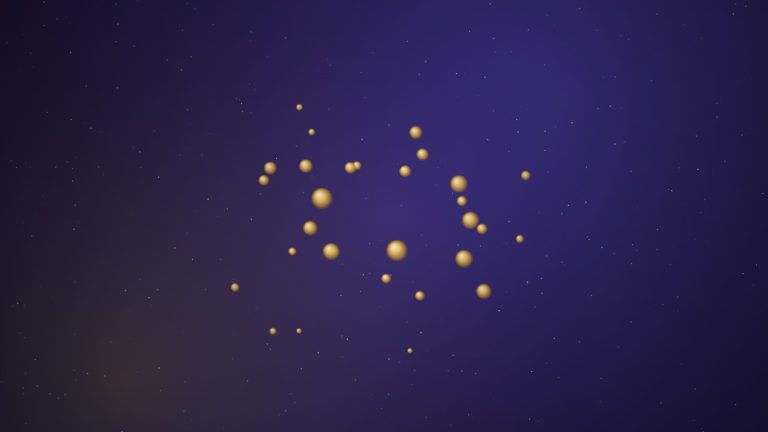 Scattered glowing gold nuggets on a dark indigo field, representing dowsing for gold and buried treasure