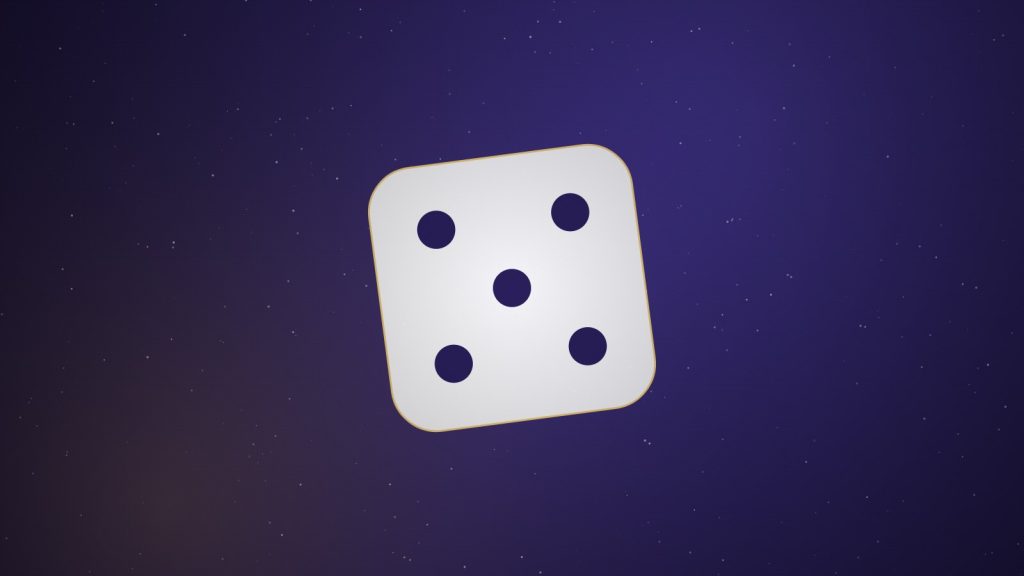 A glowing five-pip die beside gold light trails on a dark indigo background, representing dowsing for lottery numbers
