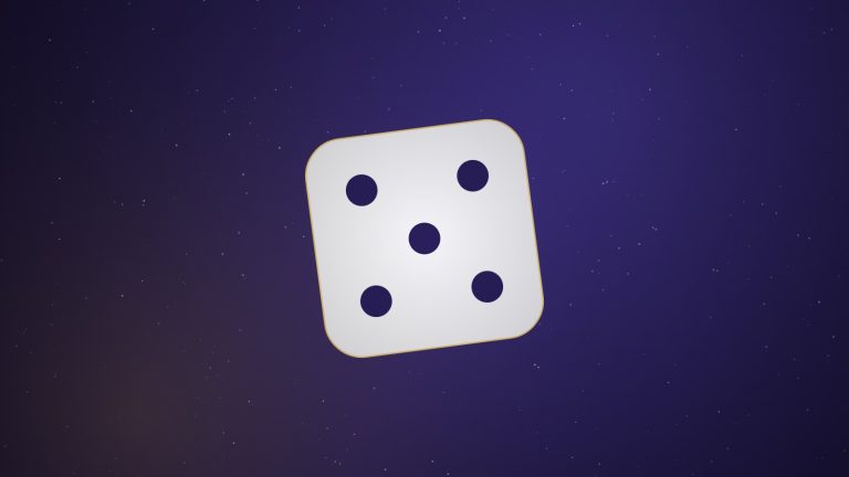 A glowing five-pip die beside gold light trails on a dark indigo background, representing dowsing for lottery numbers