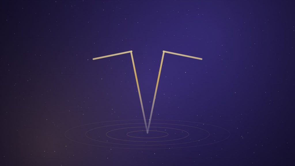 Two gold-lit L-shaped dowsing rods crossing above concentric ripples on a deep indigo background