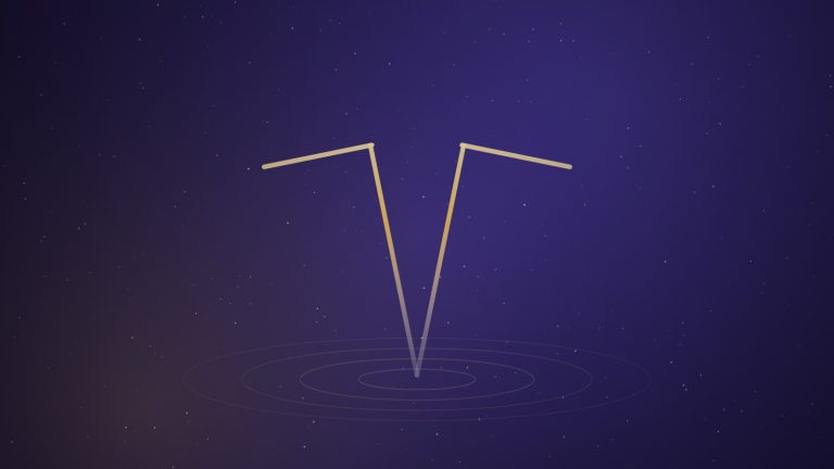 Two gold-lit L-shaped dowsing rods crossing above concentric ripples on a deep indigo background