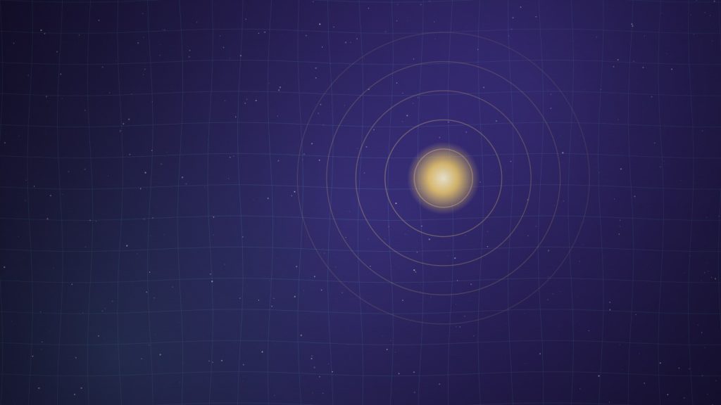 A luminous grid map with concentric target rings and a glowing gold marker on a deep indigo background