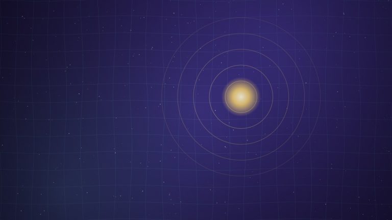 A luminous grid map with concentric target rings and a glowing gold marker on a deep indigo background