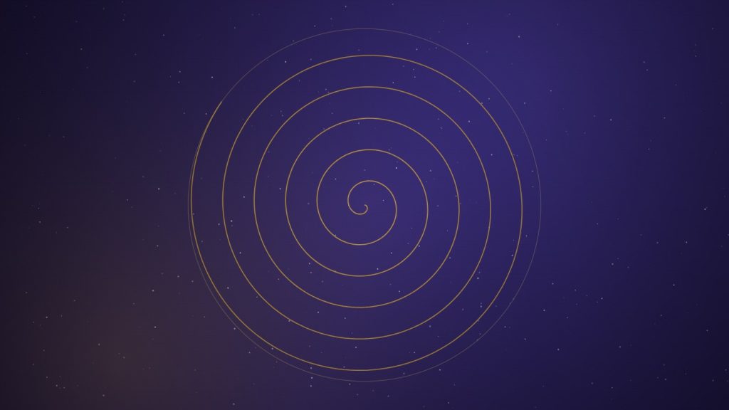 A luminous gold spiral over dark indigo, suggesting the circular readings of a pendulum dowsing chart