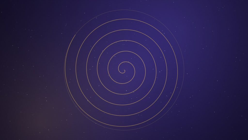 A glowing gold spiral with floating light particles on a deep indigo background, representing dowsing for prosperity