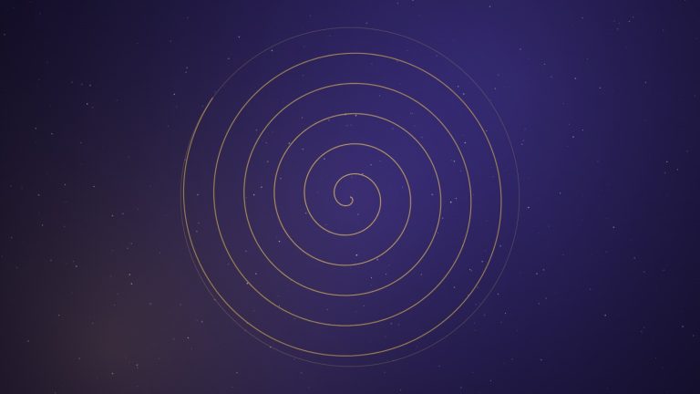 A glowing gold spiral with floating light particles on a deep indigo background, representing dowsing for prosperity