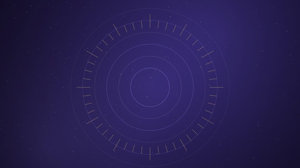 Glowing concentric violet rings with gold compass markings on a dark indigo field, symbolising the practice of dowsing