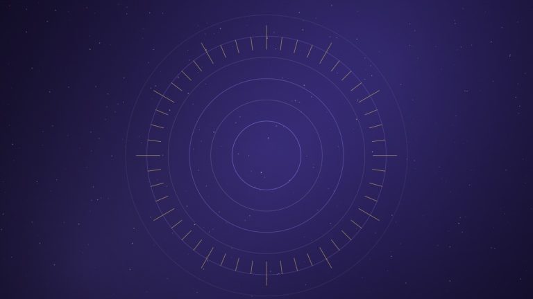 Glowing concentric violet rings with gold compass markings on a dark indigo field, symbolising the practice of dowsing
